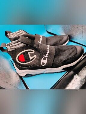 Men's Champion Rally Pro Black Slip-On Sneakers with White Sole and Red Logo